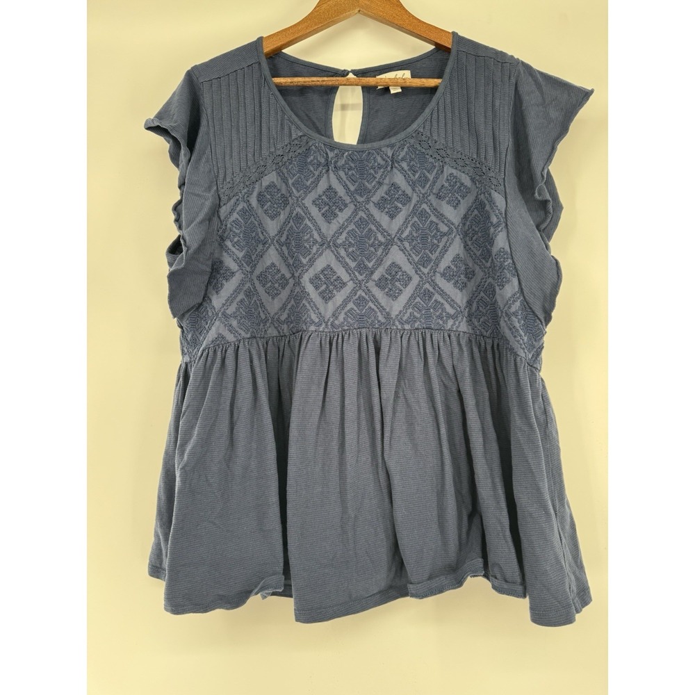 Wonderly Blue Embroidered Top Flutter Sleeve Tunic Cottagecore Boho Flowy 1X - Picture 7 of 7